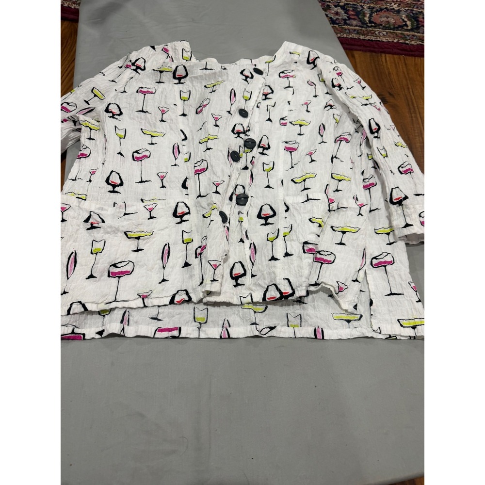 Art to Wear Womens Shana Cocktail Print Crinkle Blouse XL White Pink Lime